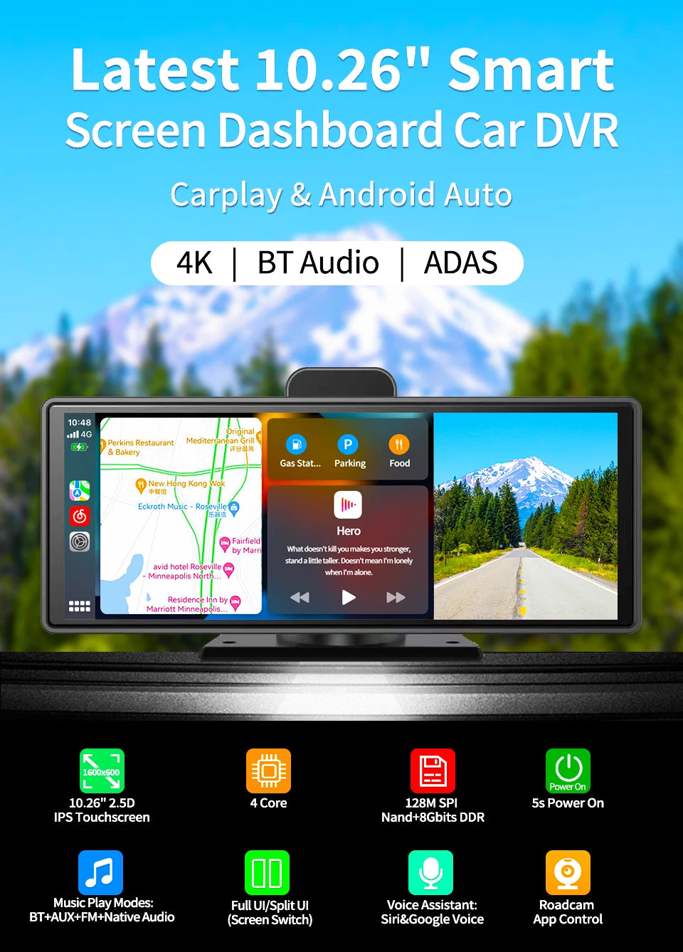 Imagebon 10.26" Wireless CarPlay & Android Auto Dash Cam ADAS 4K DVR Bluetooth Audio AUX GPS Navigation Dashboard Video Recorder