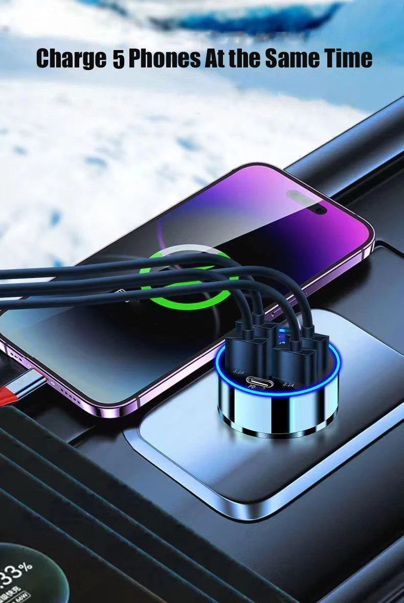 UYUXIO 5 in 1 USB Car Phone Charger Adapter with Voltage Display Dual PD Port Super Fast Charge for iPhone Samsung Huawei OPPO