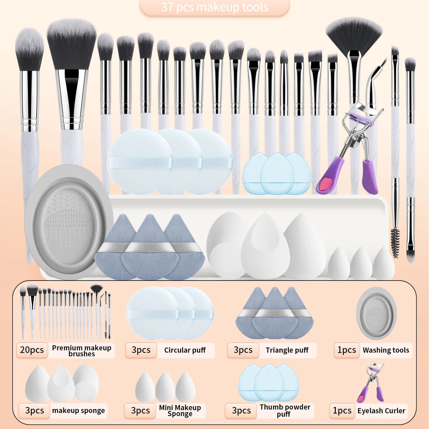 20 makeup brushes+3 round powder puffs+3 triangular powder puffs+3 beauty eggs+3 finger powder puffs+3 mini beauty eggs+1 washin