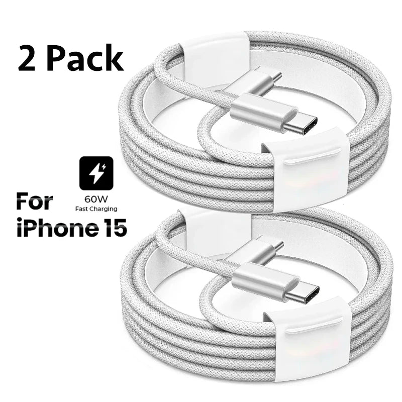2Pack USB C Charger Cable PD 60W Type C Braided Charging Cable Cord Fast Charging Wire USB C for IPhone 15 Pro Max Plus 1M 2M