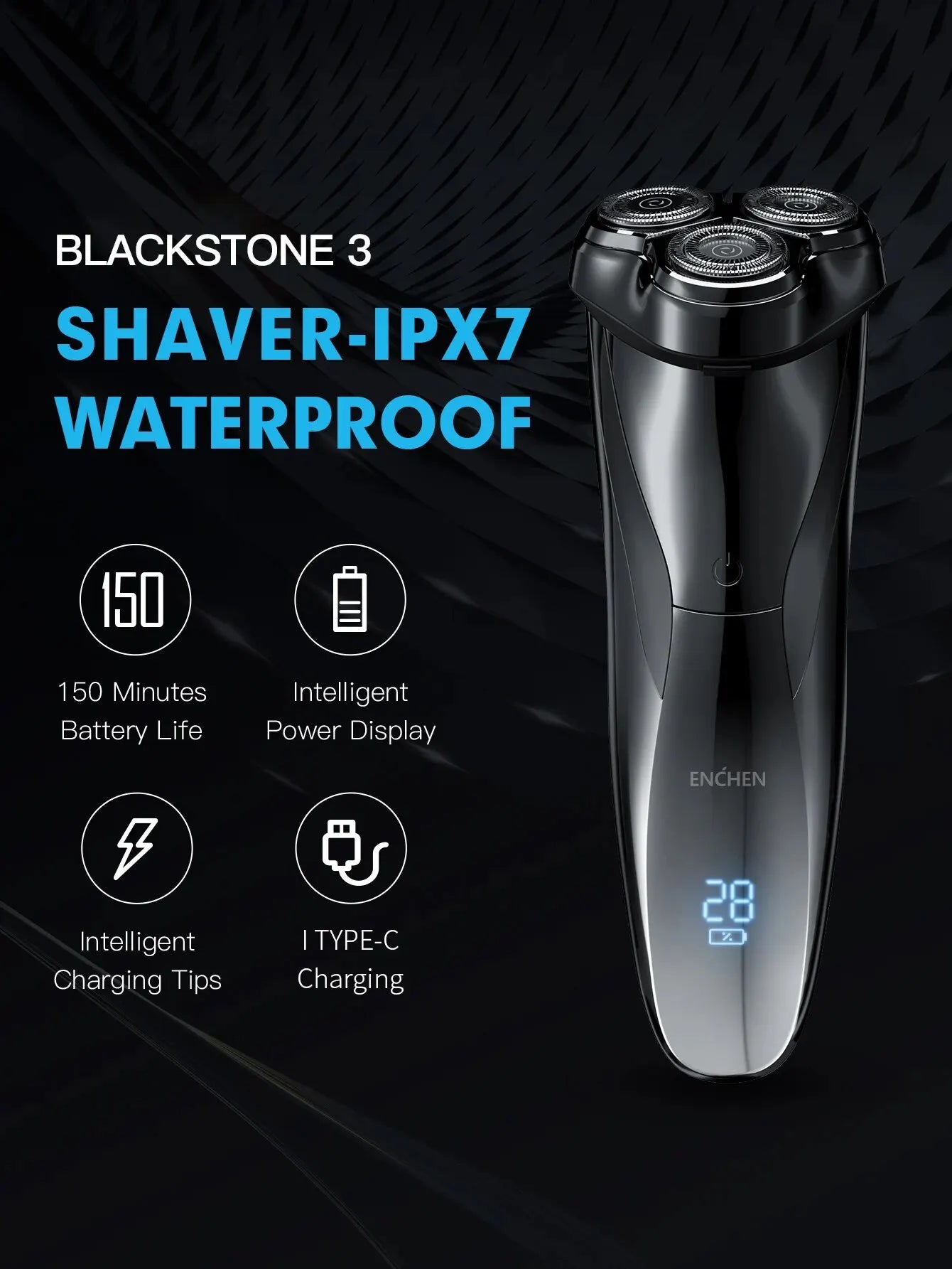 ENCHEN Electric Shaver 3D Blackstone 3 IPX7 Waterproof Razor Wet And Dry Dual Use Face Beard Battery Digital Display For Men