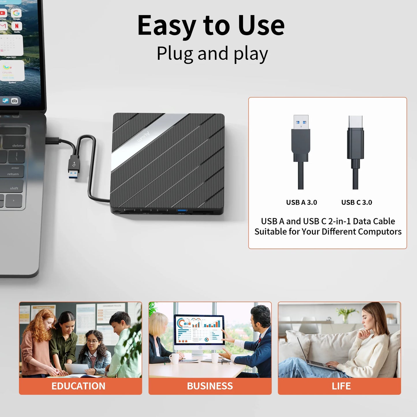 T040A USB 3.0 External Mobile Drive DVD CD Burner with Hub 24X CD & 8X DVD Writer SD microSD Card Reader for Windows Mac Linux
