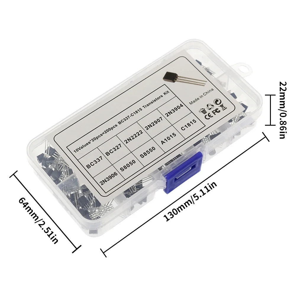 200Pcs Transistor Kit BC327 BC337 2N2222 2N2907 2N3904 2N3906 S8050 S8550 A1015 C1815 PNP/NPN 10 Values TO-92 Transistors Set
