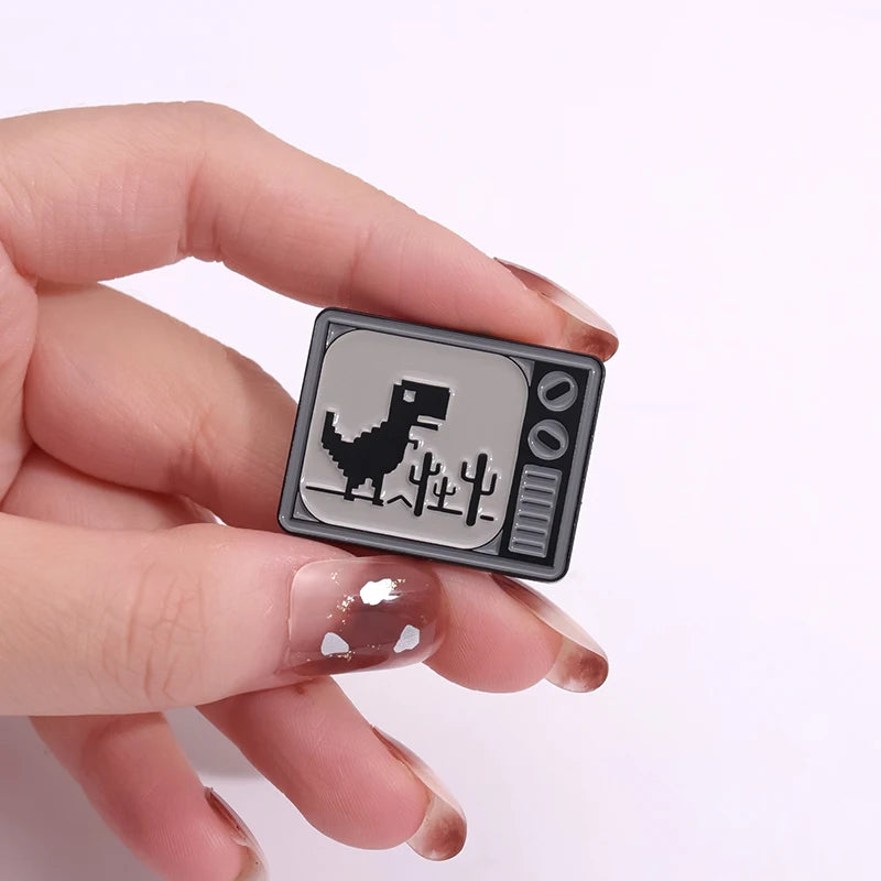 Dinosaur Pixel Games Mosaic Enamel Pins Custom 90's Retro TV Brooches Lapel Badges Cartoon Animal Jewelry Gift For Kids Friends