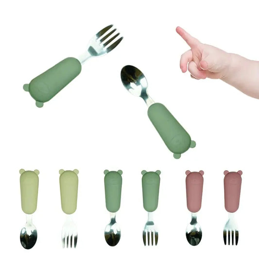 Children's Fork Spoon Set Baby Fork Spoon Short Handle Stainless Steel Silicone Baby Products Baby Food Solid Feeding Spoon Fork