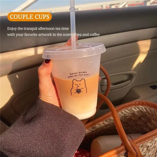 Cartoon Bear Pattern Large Capacity Plastic Straw Cup Handheld Beverage Cup Suitable For Coffee Milk Tea