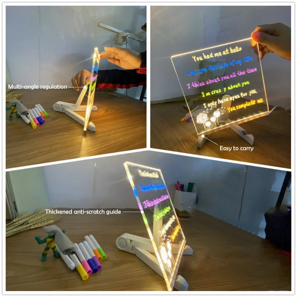 Light Up Acrylic Message Board Rewritable DIY Children's Glowing Drawing Board Message Lamp With Colorful Pens