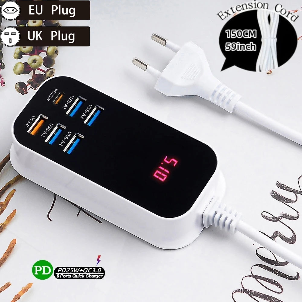 Real 50W 6-Ports USB Quick Charger PD QC 3.0 Fast Charging Display Type-C EU UK US 1.5M Desktop Power Adapter For Iphone Samsung