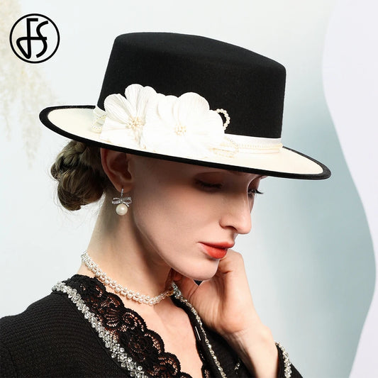 Women's Black/White Flat Top Wool Felt Fedora Hat with Flower Faux Pearl Detail Winter Dress Cap Stylish French Millinery