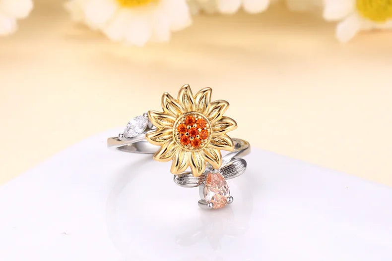 Rotating Sunflower Rings for Women Anti Anxiety Stainless Steel Ring Birthday Wedding Luxury Jewelry Gifts Adjustable Ring