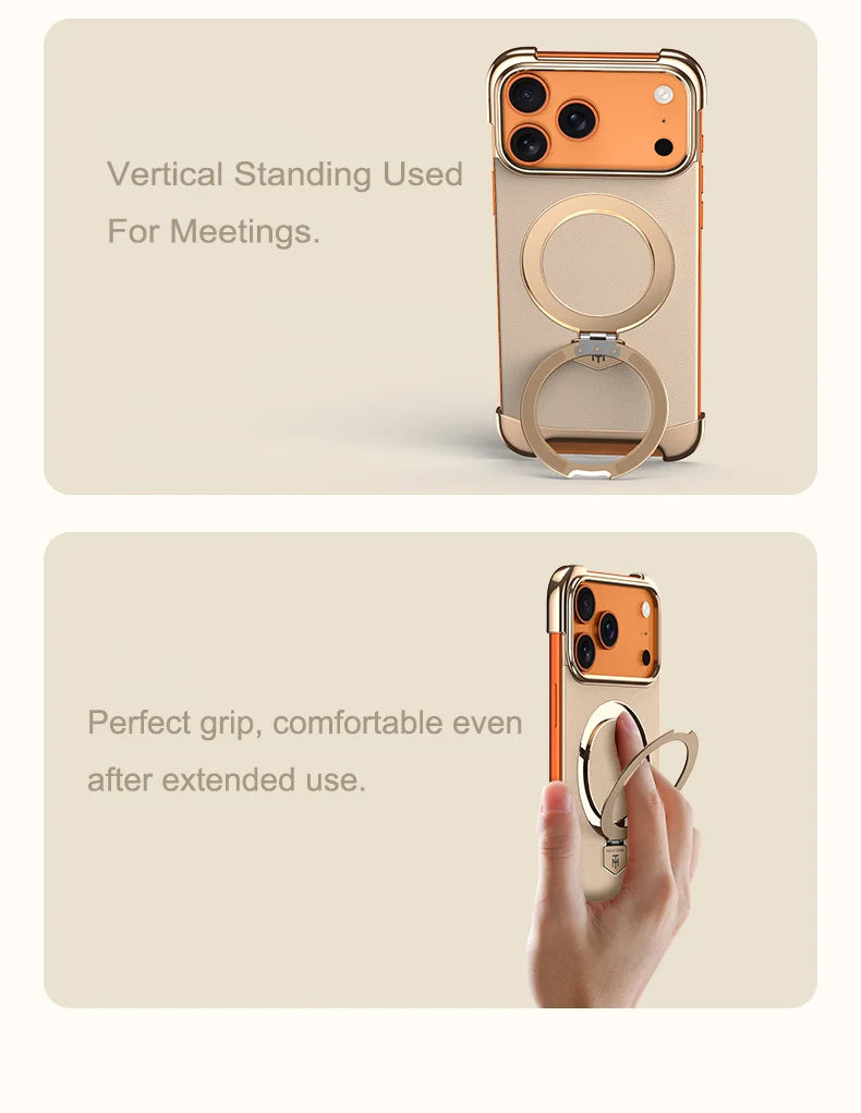 Luxury Leather Ultra Thin Frameless Magnetic Case For iPhone 17 16 15 14 13 Pro Max 17Air 17Pro Metal Bracket Anti-Drop Bumper