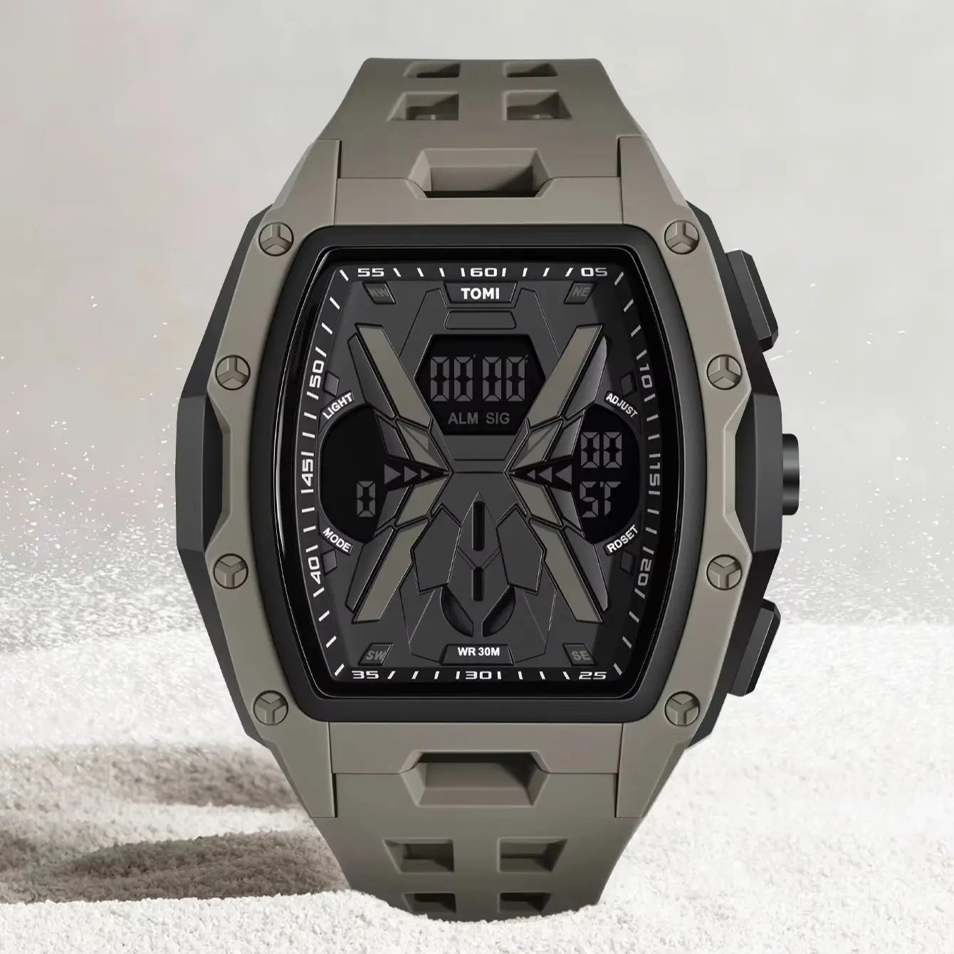 TOMI  Sports Men Mecha Dual Display Watch, Analog Digital Dual Dial, Backlight Alarm Stopwatch, Hollow Breathable Silicone Strap