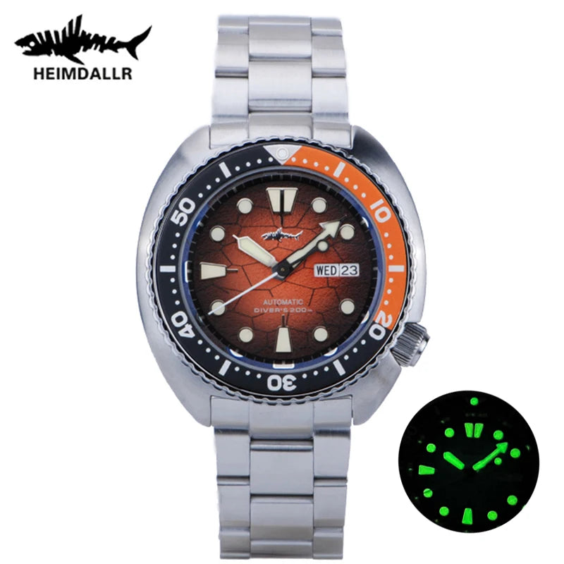 HEIMDALLR Turtle King Mens Diver Mechanica Watch Sapphire 200m Water Resistant  316L Steel C3 BGW9 Luminous NH36 Automatic Watch