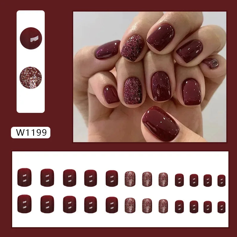 Gold Pink Wine Red 24 Pcs Fake Nail with Jelly sticker Press on False Nails Wearable Round Head Oval Full Cover Nail Tips
