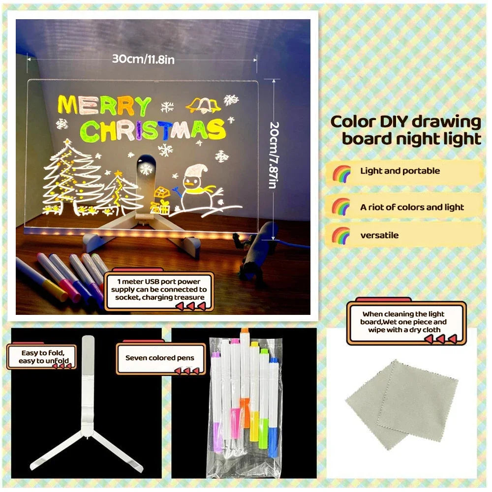 Light Up Acrylic Message Board Rewritable DIY Children's Glowing Drawing Board Message Lamp With Colorful Pens