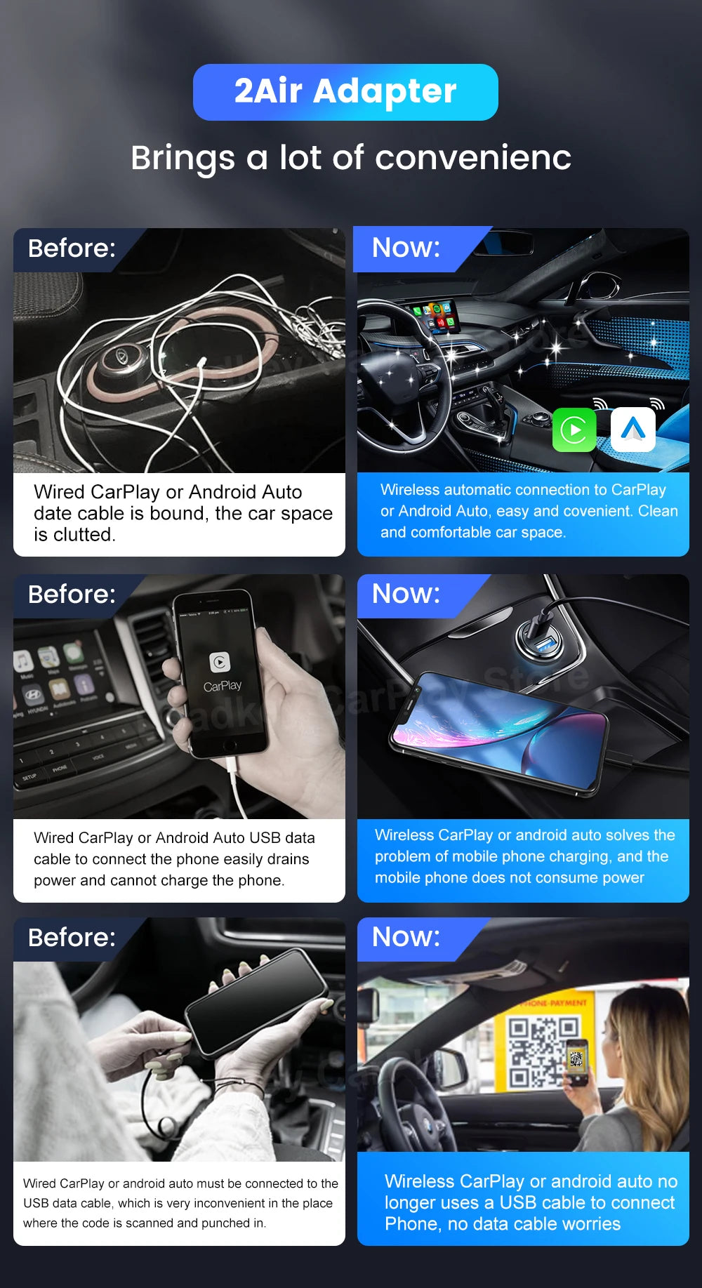 CarlinKit 5.0 Wireless CarPlay Android Auto Adapter 3 in 1 Wireless Car Adapter for Mazda Toyotal Peugeot Volvo Kia Spotify