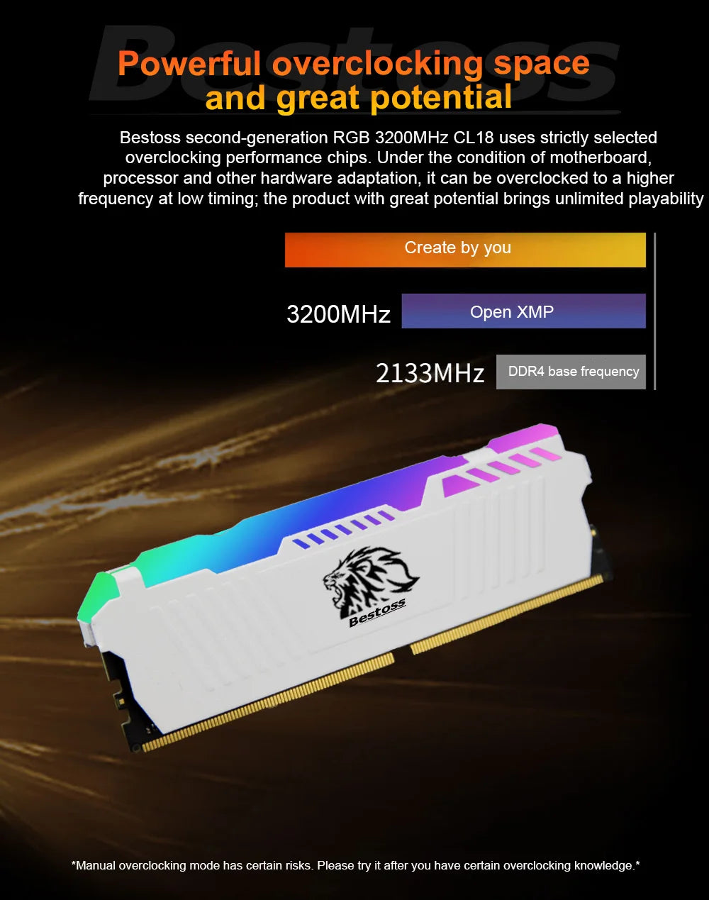 Bestoss Memoria RAM RGB DDR4 8GB 16GB 32GB (2x16GB) Kit 3200 3600MHz 288pin 1.2V DIMM RAM For Desktop