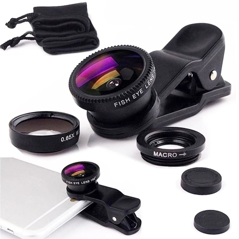 3in1 Fisheye Lens Wide Angle Micro Camera Lens for iPhone 14 13 3IN1 Zoom Fish Eye Len for Smartphone Lenses with Phone Clip