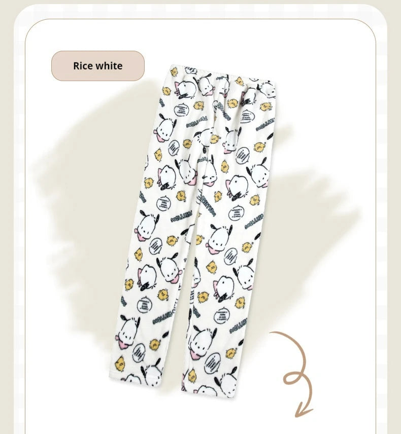 Miniso Hello Kitty Kuromi Sleeper Pants With Flannel Thick Fleece For Warmth Casual Cute Cartoon Pattern Girl Christmas Clothing