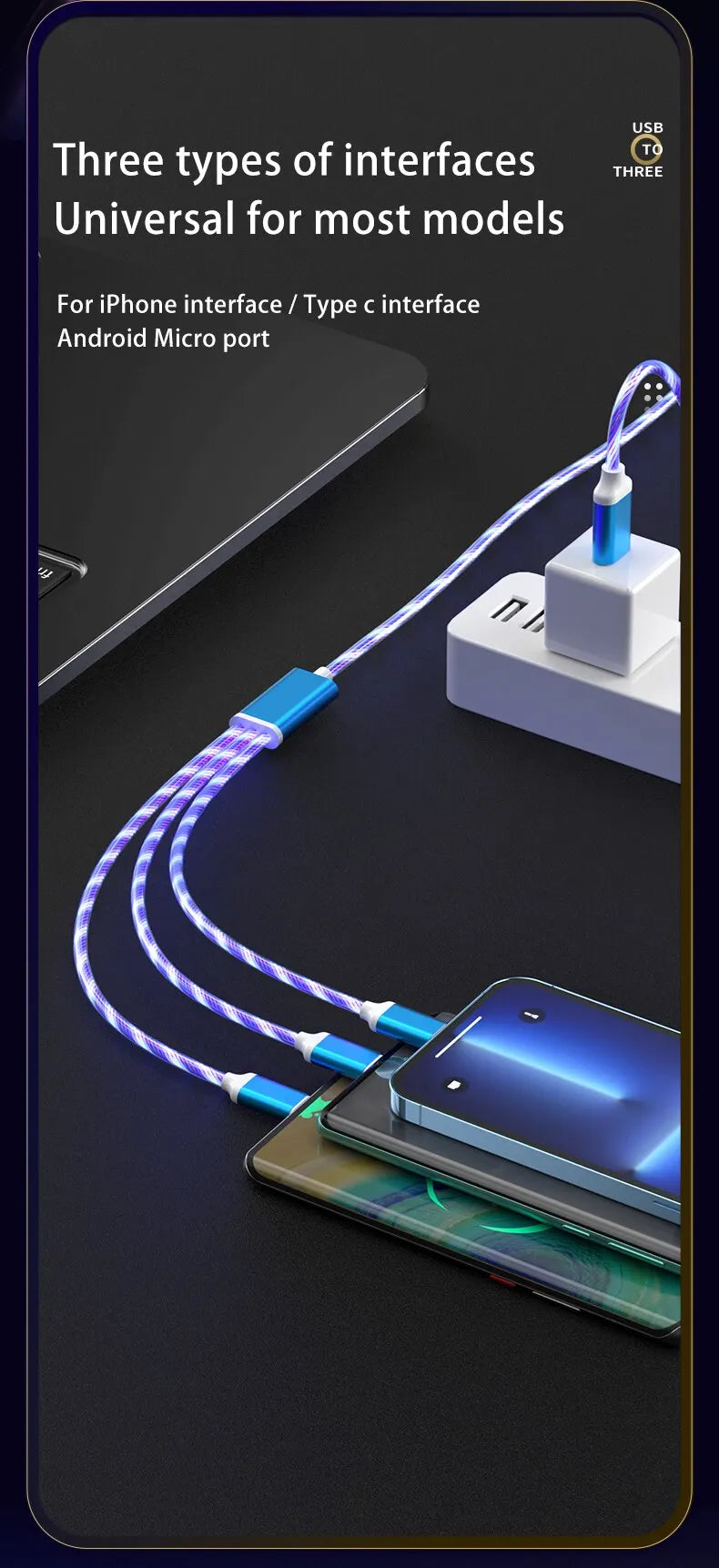 3 in 1 3A Fast Charging Glowing LED Light Micro USB Type C Cable For iPhone Samsung Xiaomi Redmi Phone Charger USB Cable