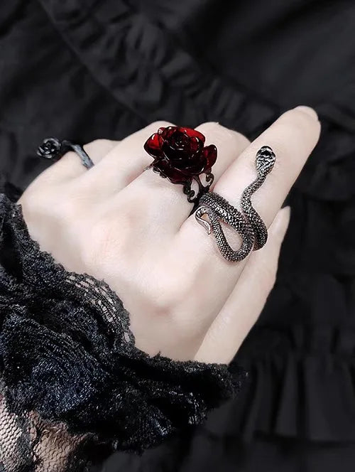 Retro Goth Style Red Rose Opening Rings for Women Punk Personality Crystal Flower Hollow Finger Ring Hip Hop Rock Party Jewelry