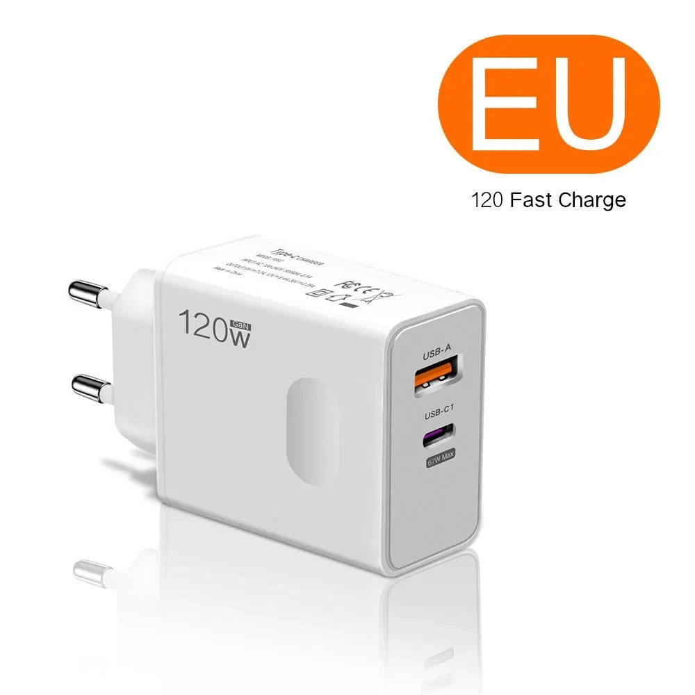 Total 120W USB Type C Fast Charging Charger PD Mobile Phone Quick Charge Wall Adapter for iPhone 15 Xiaomi Samsung GaN Charger