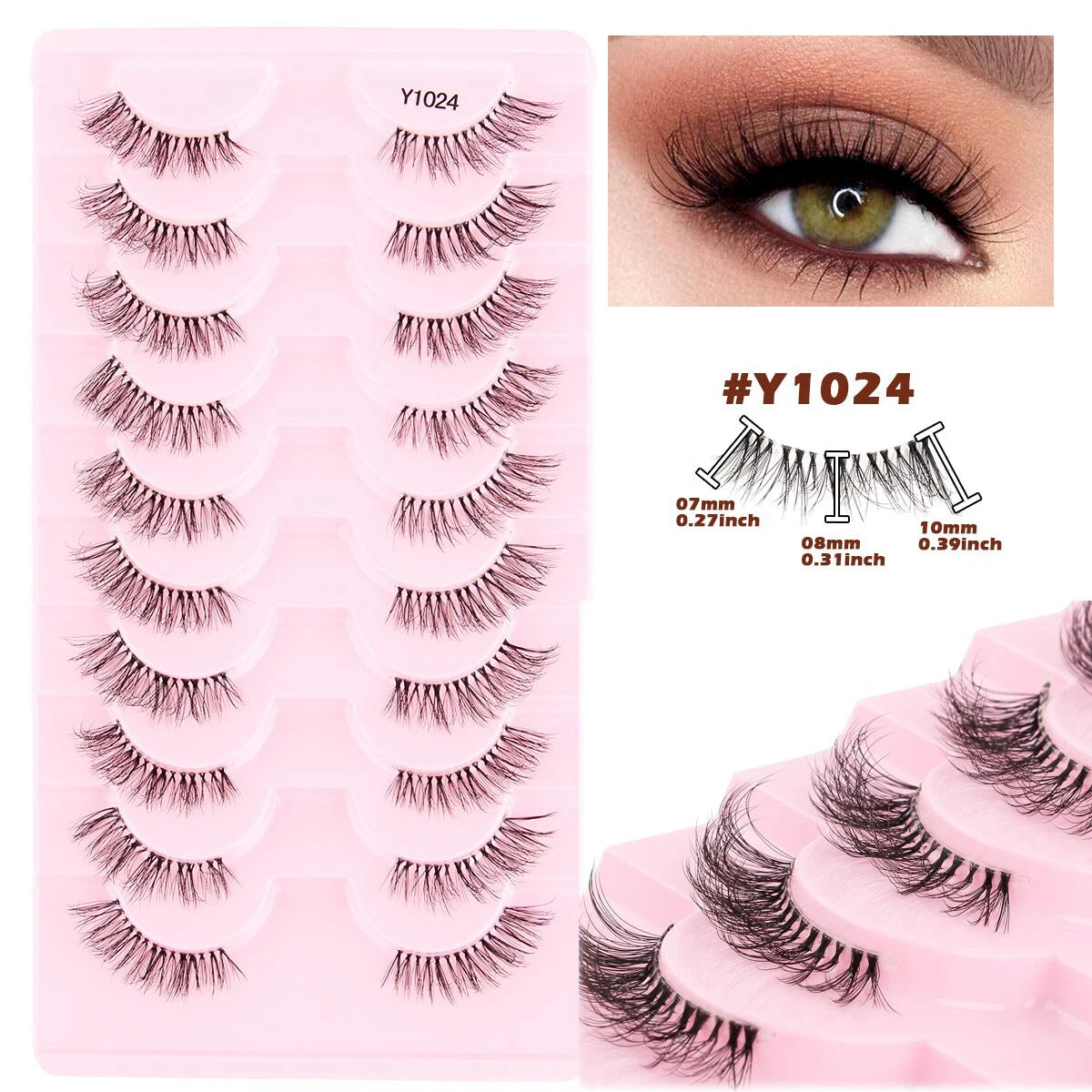 3/5/10Pairs Half False Lashes Natural Short 3D Cat Fake Mink Eyelashes Extension Winged Fluffy Wispy Faux Cils Clear Band Makeup