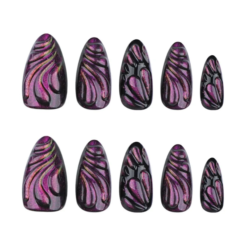 24PCS Droplet Mysterious Purple Cat Eye Press On Nail Full Cover Detachable Press On Nail Spice Girl Wearable Almond False Nail