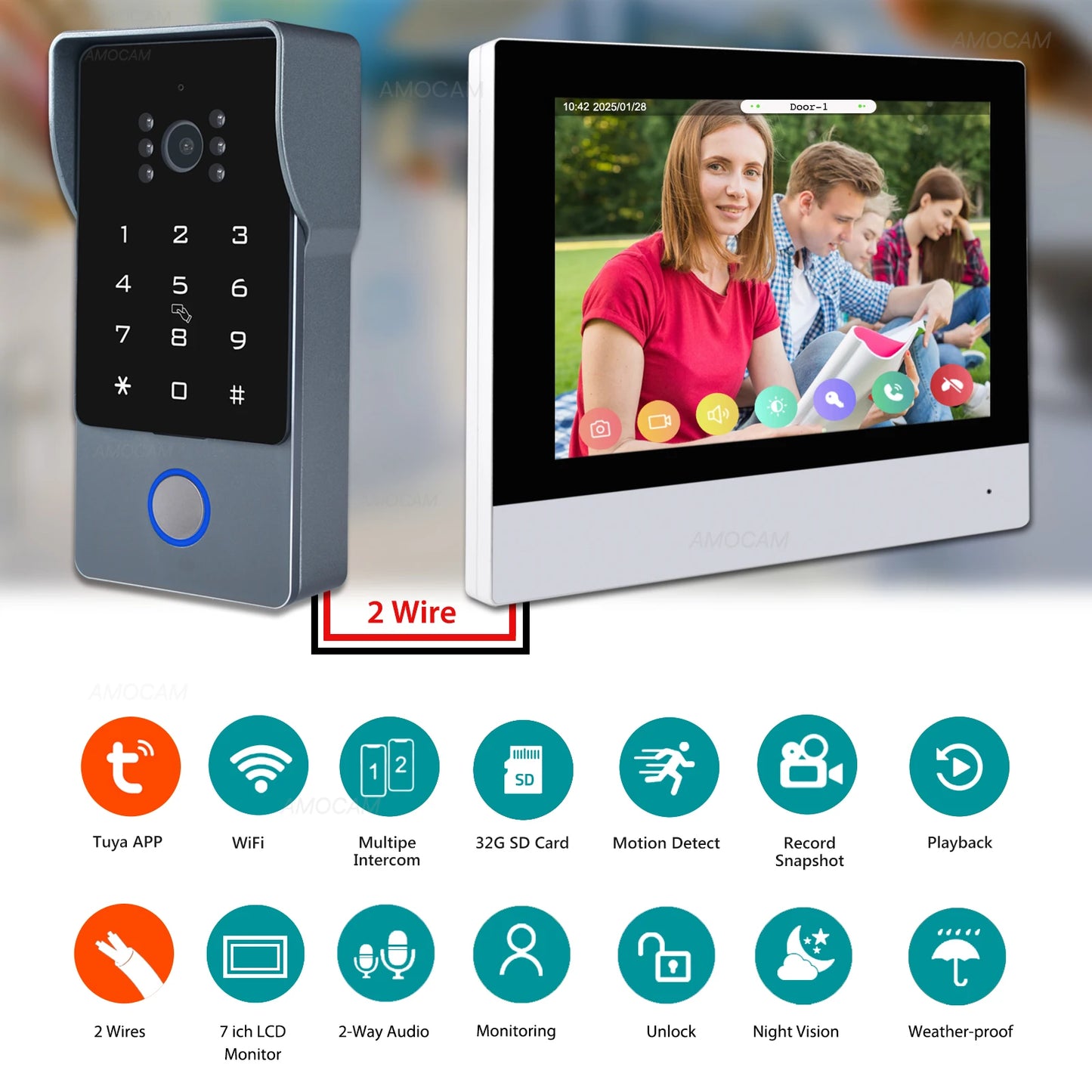 2 Wires Video Intercom System, 7“ Wireless WIFI Monitor 1080P Doorphone Camera Video Doorbell Code Password IC Card Tuya Unlock