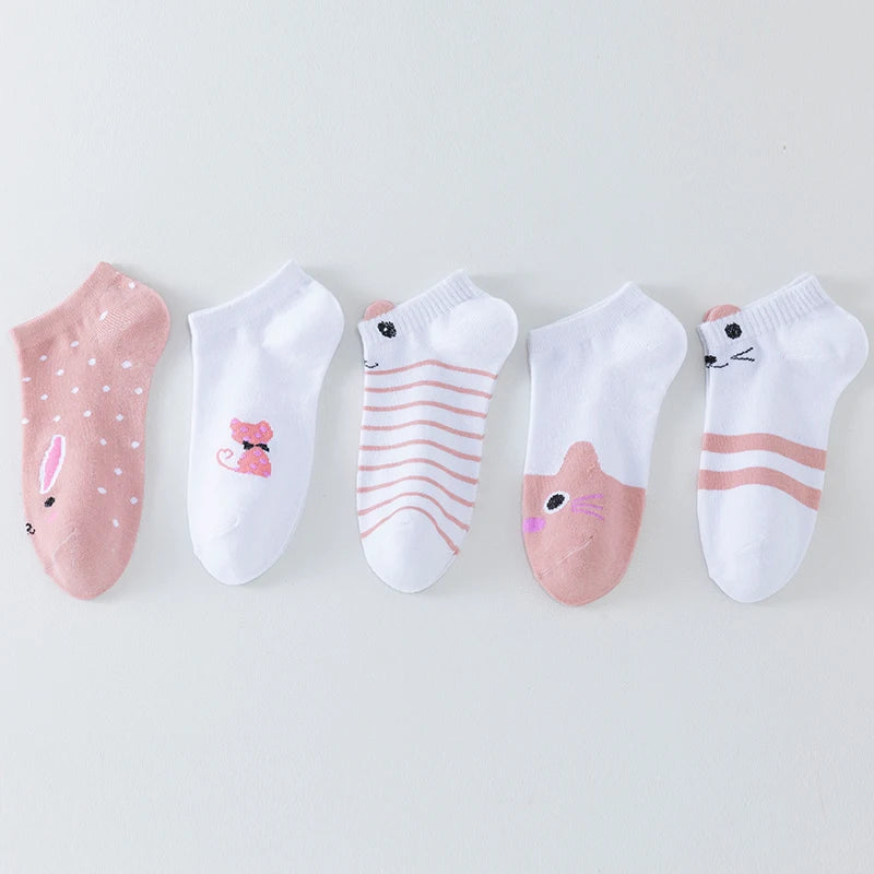 5 Pairs of WOMEN'S Short Socks, Pink Cat Thin, Cute All Season Boat Socks, Slow Top, Fashionable Boat Socks