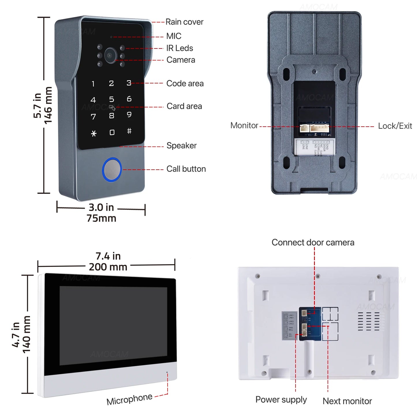 2 Wires Video Intercom System, 7“ Wireless WIFI Monitor 1080P Doorphone Camera Video Doorbell Code Password IC Card Tuya Unlock