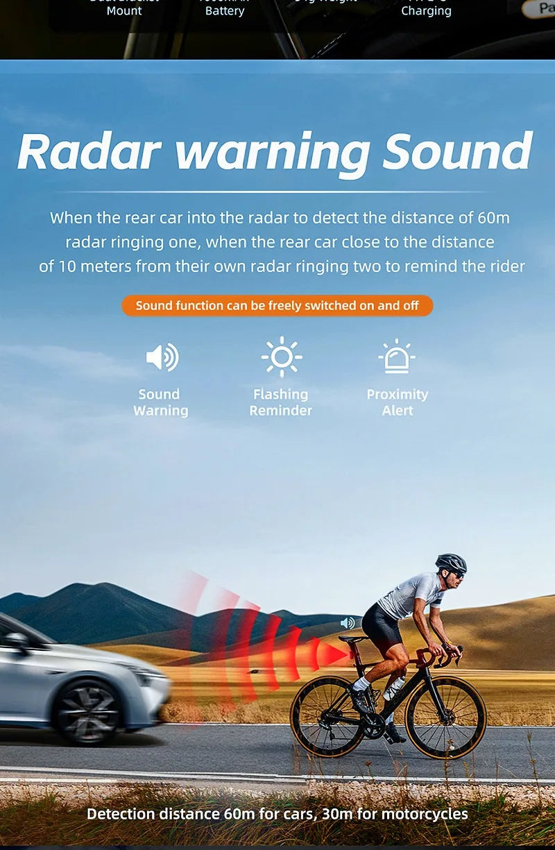 CYCLAMI Bicycle Intelligent Radar Taillight Bike Smart Brake Sensing Rear Lamp with Beeper Alarm Cycling Safety Tail Light RT02