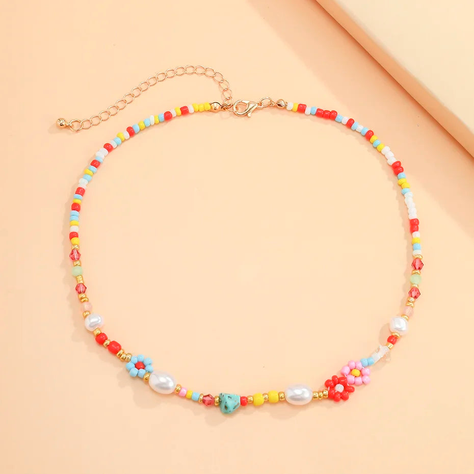 Baroque Simulated Pearls Cute Flowers Colorful Hand-woven Beaded Short Clavicle Chain Choker Necklace For Women Girls Jewelry