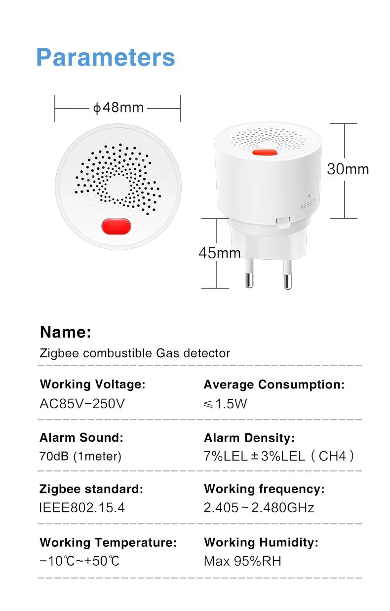 Tuya Smart Zigbee Natural Gas Sensor With High Sensitivity For Fire Safety, Designed For Kitchen LPG Leakage Detection.