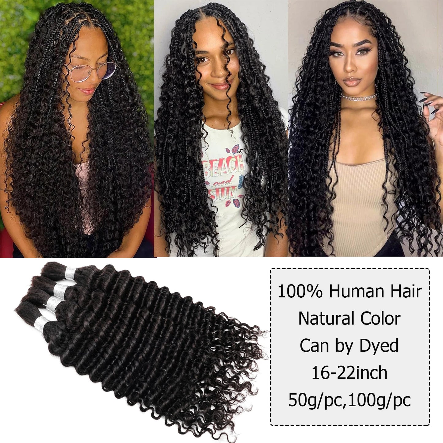 100% Human Hair Bulk for Braiding 1 Bundle Deep Wave Curly Natural Black Indian Remy Boho Braids Hair Bulk Extension Bobbi
