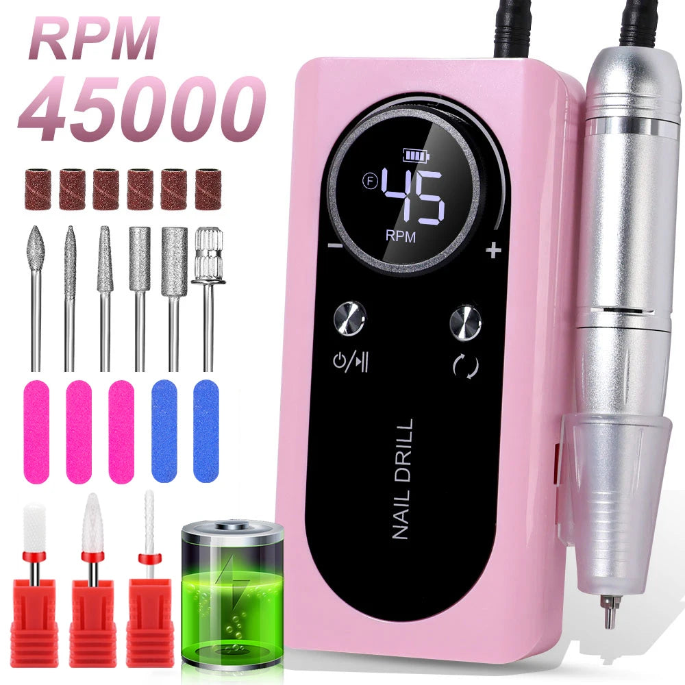 45000RPM Nail Drill Machine Kit Rechargeable Electric Portable Nail Sander File for Gel Nails Polishing For Manicure Salon Home