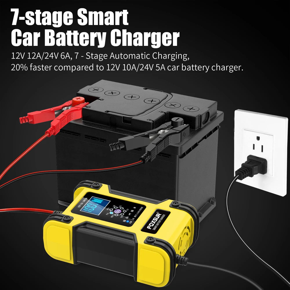 Foxsur Full Automatic Car Battery Charger 12V 12A Digital Display Battery Charger Power Pulse Repair Chargers Wet Dry Lead Acid
