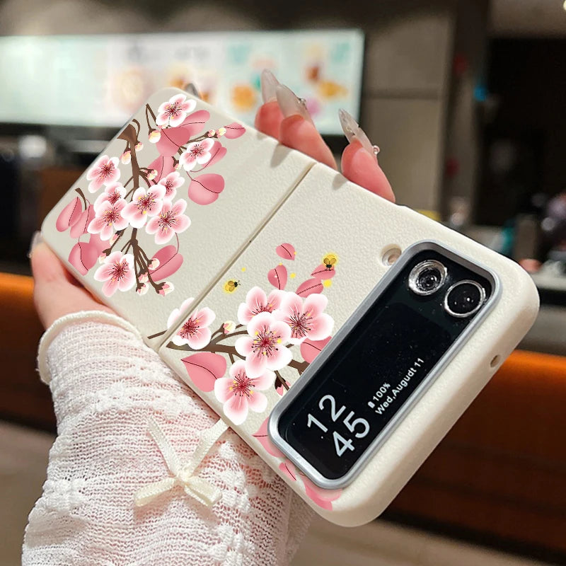 For Samsung Galaxy Z Flip 7 FE 6 5 3 4 Leather Texture Phone Case Floral Flower Soft TPU Folding Cover For Samsung Z Flip5 Flip6