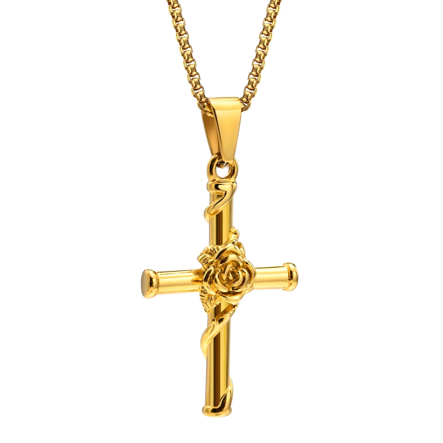Vnox Men Cross Necklace, Stainless Steel Rose Cross Pendant with Box Chain, Unisex Cool Crucifix Jesus Faith Aesthetic Collar