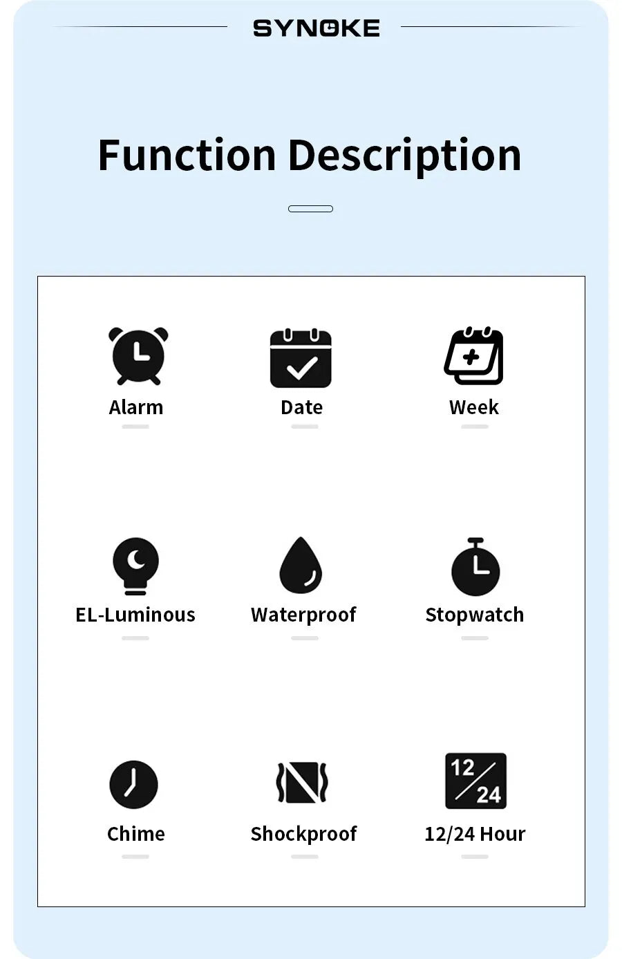 SYNOKE Watch Outdoor Sports Multifunctional Waterproof Shock Resistant Large Screen Display Luminous LED Digital Watch For Men