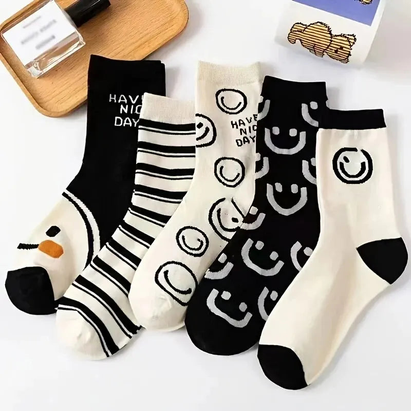 5 Pairs Cute Expression Print Socks, Comfy & Funny All-match Mid Tube Socks, Women's Stockings & Hosiery