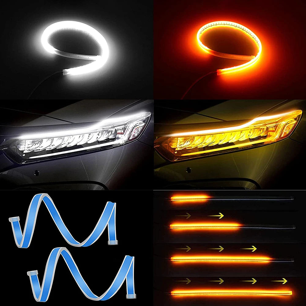 2pcs 12V LED DRL Car Daytime Running Light Flexible Waterproof Strip Auto Headlights White Turn Signal Yellow Brake Flow Lights