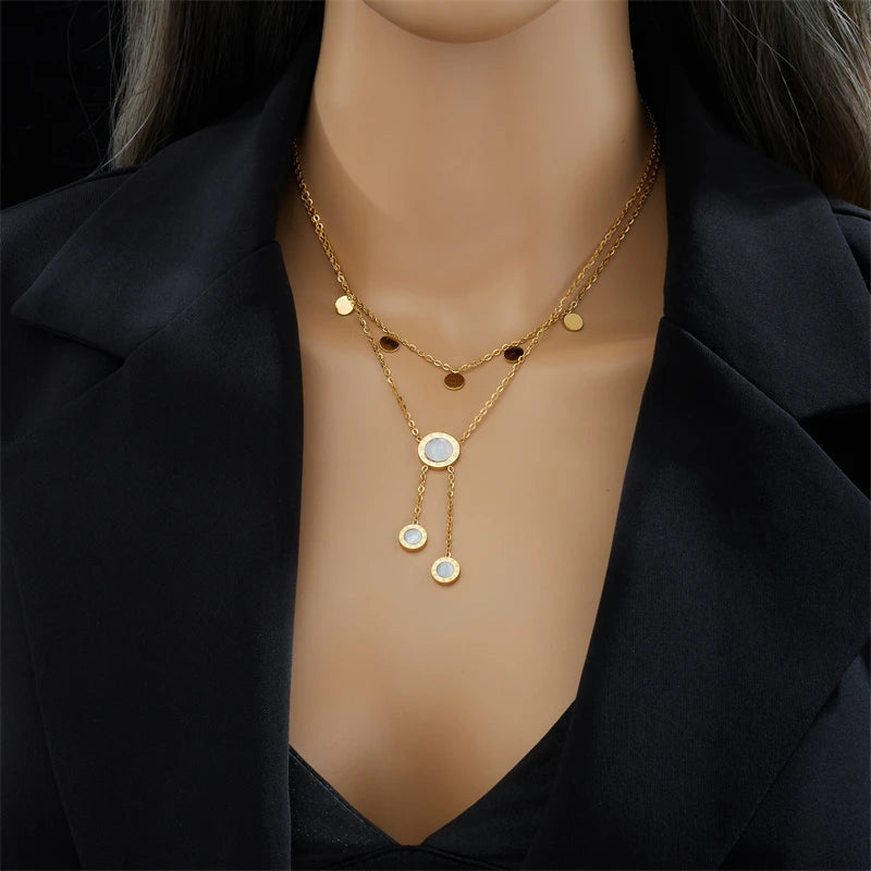 DIEYURO 316L Stainless Steel Round Roman Numeral Dial Long Pendant Necklace For Women Fashion Girls Clavicle Chain Jewelry Gifts