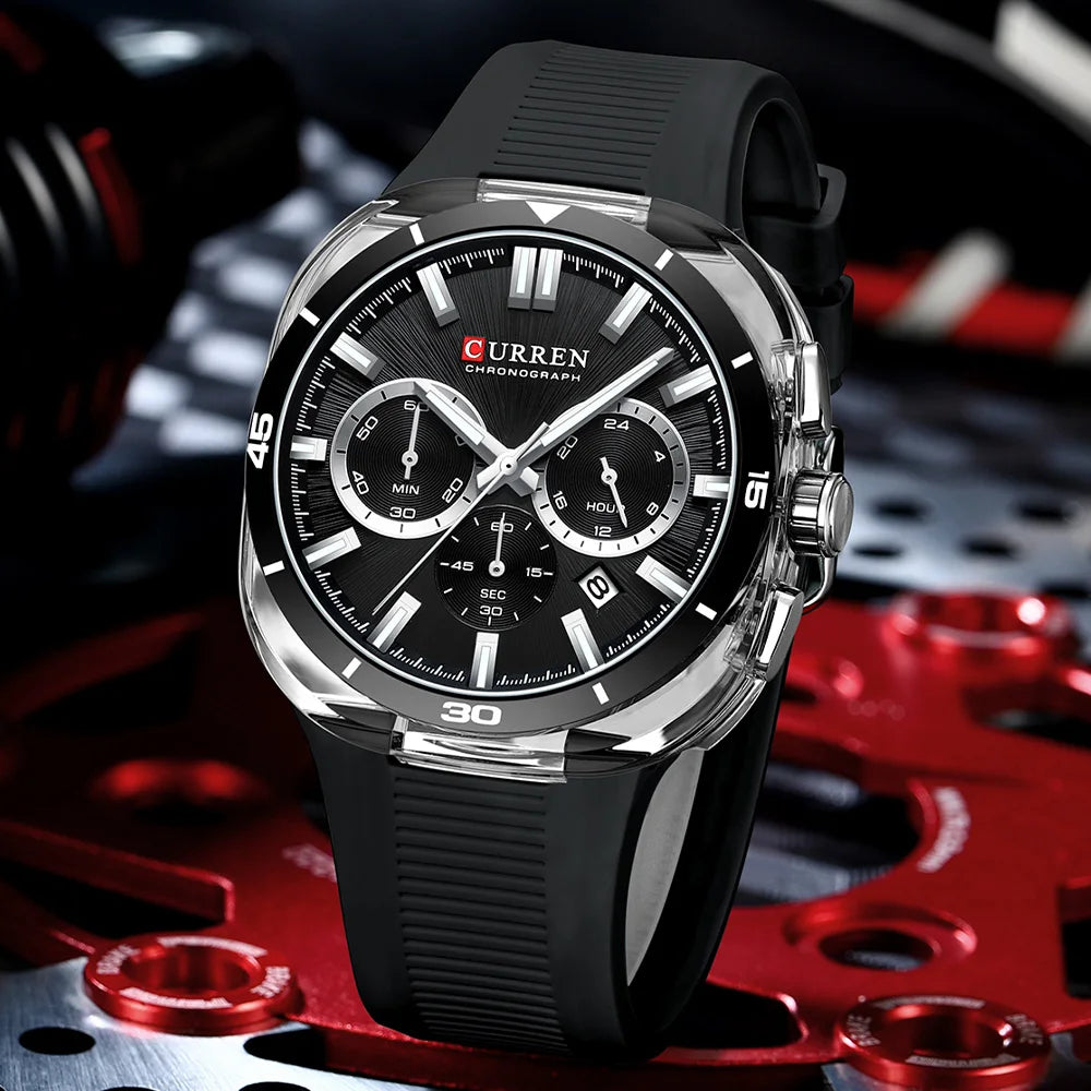 CURREN 8502 Brand New Quartz Watches for Men Chronograph Calendar Luminous Sport 30M Waterproof Silicone Strap Mens Wristwatch
