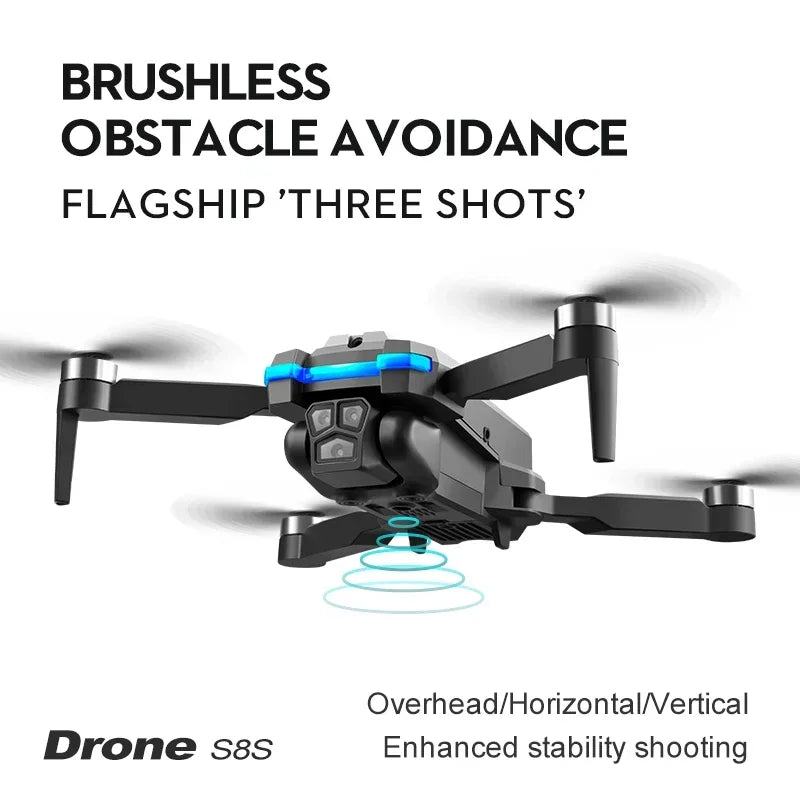 S8S RC Brushless Drone 4K Professional 8K Three ESC Camera Optical Flow Obstacle Avoidance Headless Mode Foldable Quadcopter Toy