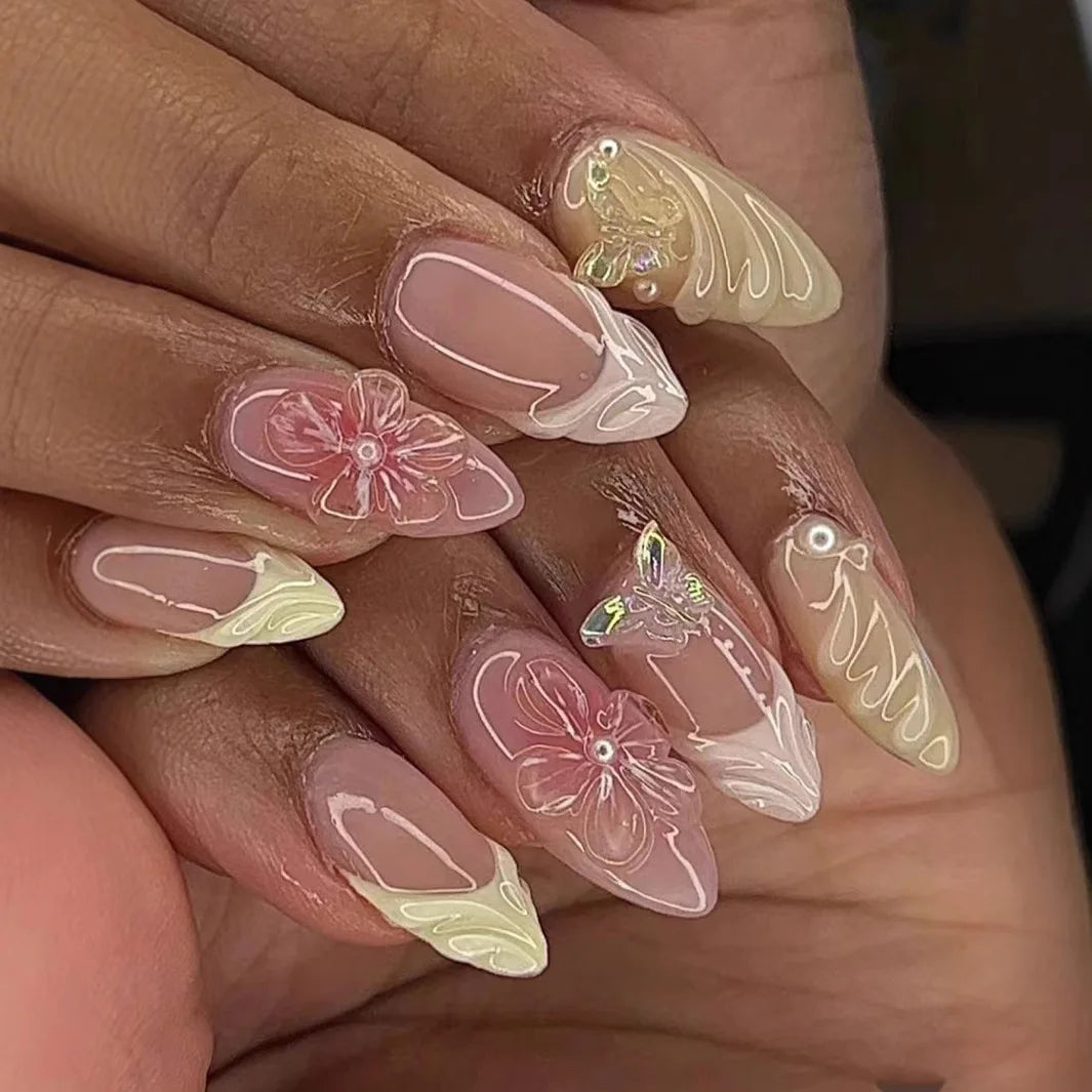 24PCS 3D Sweet Pink Flower Almond Press on False Nails with Yellow French Diamonds Fake Nails Artificial Wearable Tips with Glue