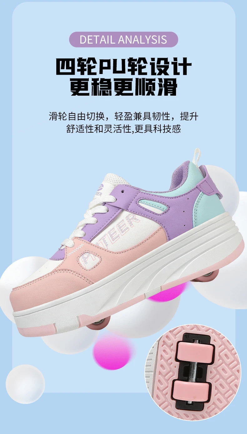 Student roller skates, detachable four-wheel roller skates, size 31-40 multifunctional sports shoes for boys and girls