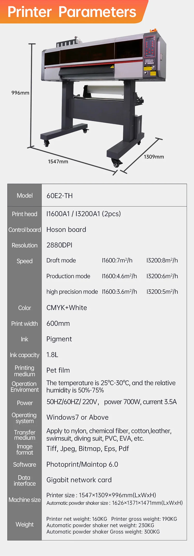 Powder Shaking with Purifier DTF Printer T-shirt Printing Machine DTF Printer Double Epson Head.