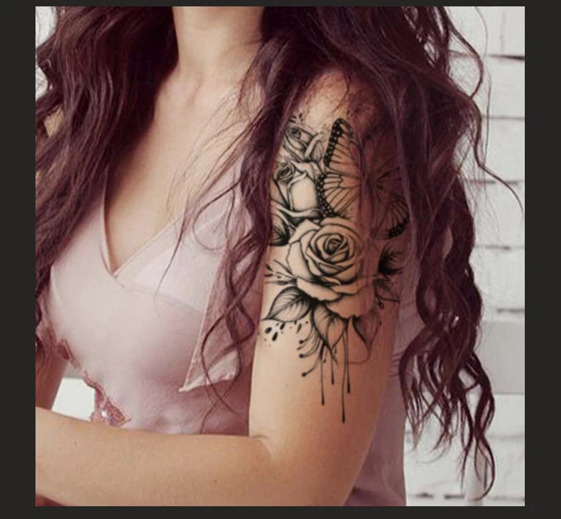 Butterfly and Rose Waterproof Temporary Tattoo for Arm and Leg, Long-Lasting, Realistic Fake Tattoo for Men and Women