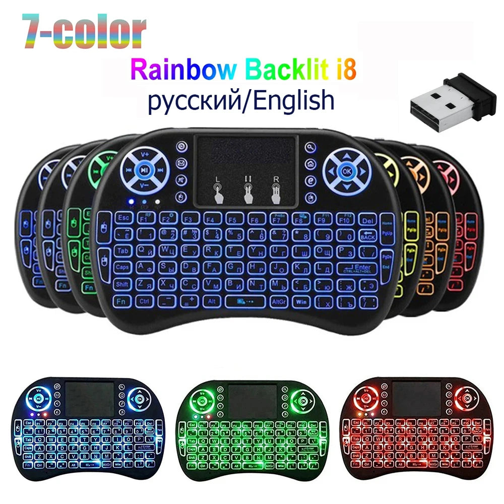 I8 Mini Wireless Keyboard 2.4G Bluetooth 7 Color Backlit English Russian Air Mouse Remote Touchpad For Android TV Box PC Laptop